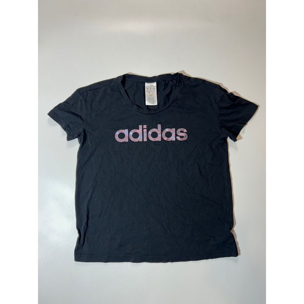 Adidas T-Shirt Womens Small Black Excellent Iridescent Foil Logo Short Sleeve